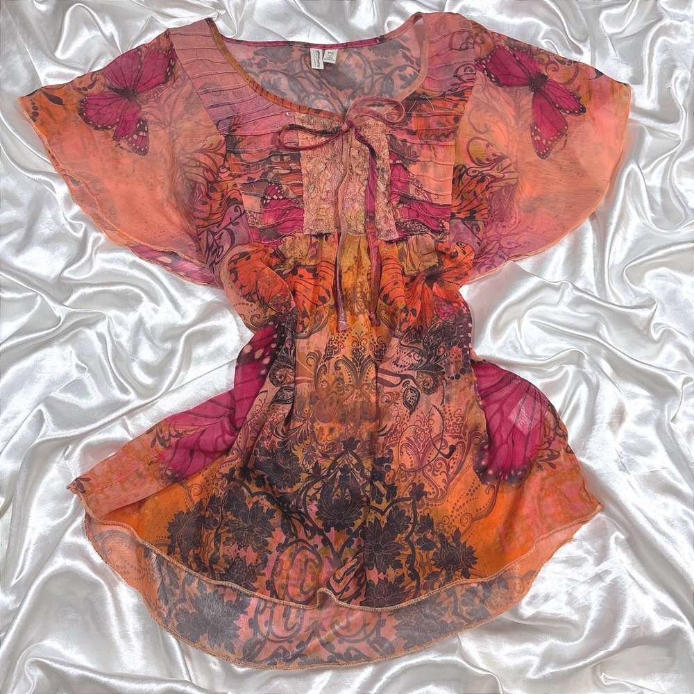 y2k Tunic Top Orange Excellent Madison Butterfly Print Sheer Flutter Sleeve PS